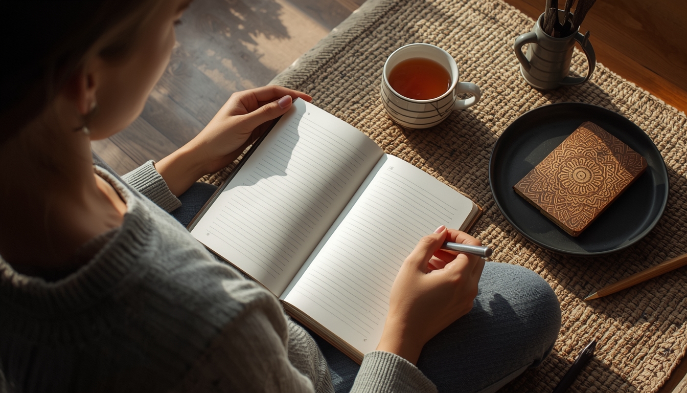 Person practicing mindful morning routine with journal and tea
