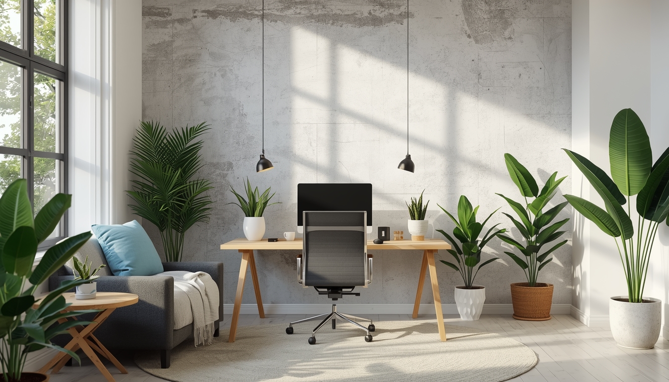 Comfortable workspace with natural lighting and plants